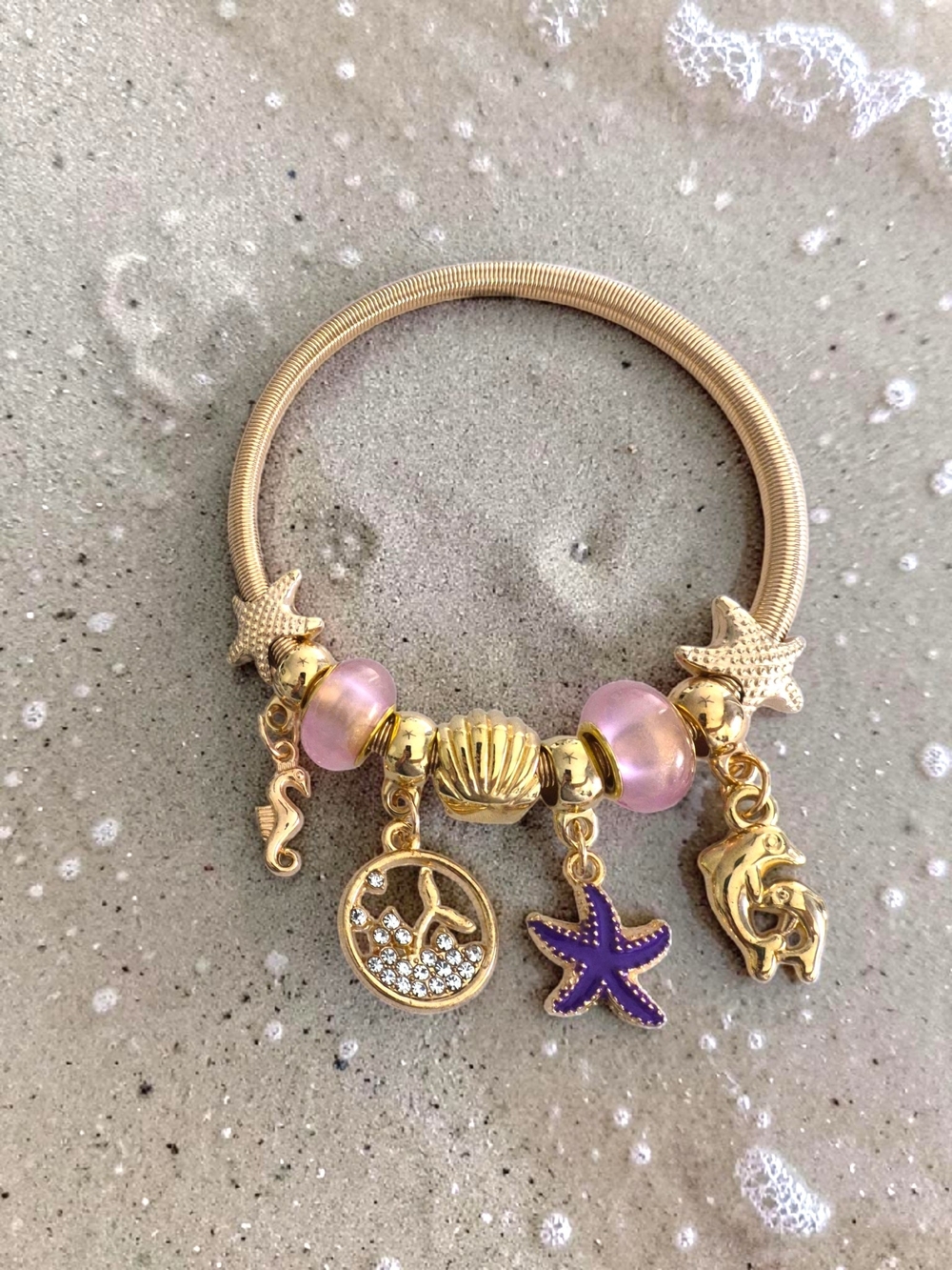 Gold Ocean Charm Bracelet with Purple Starfish
